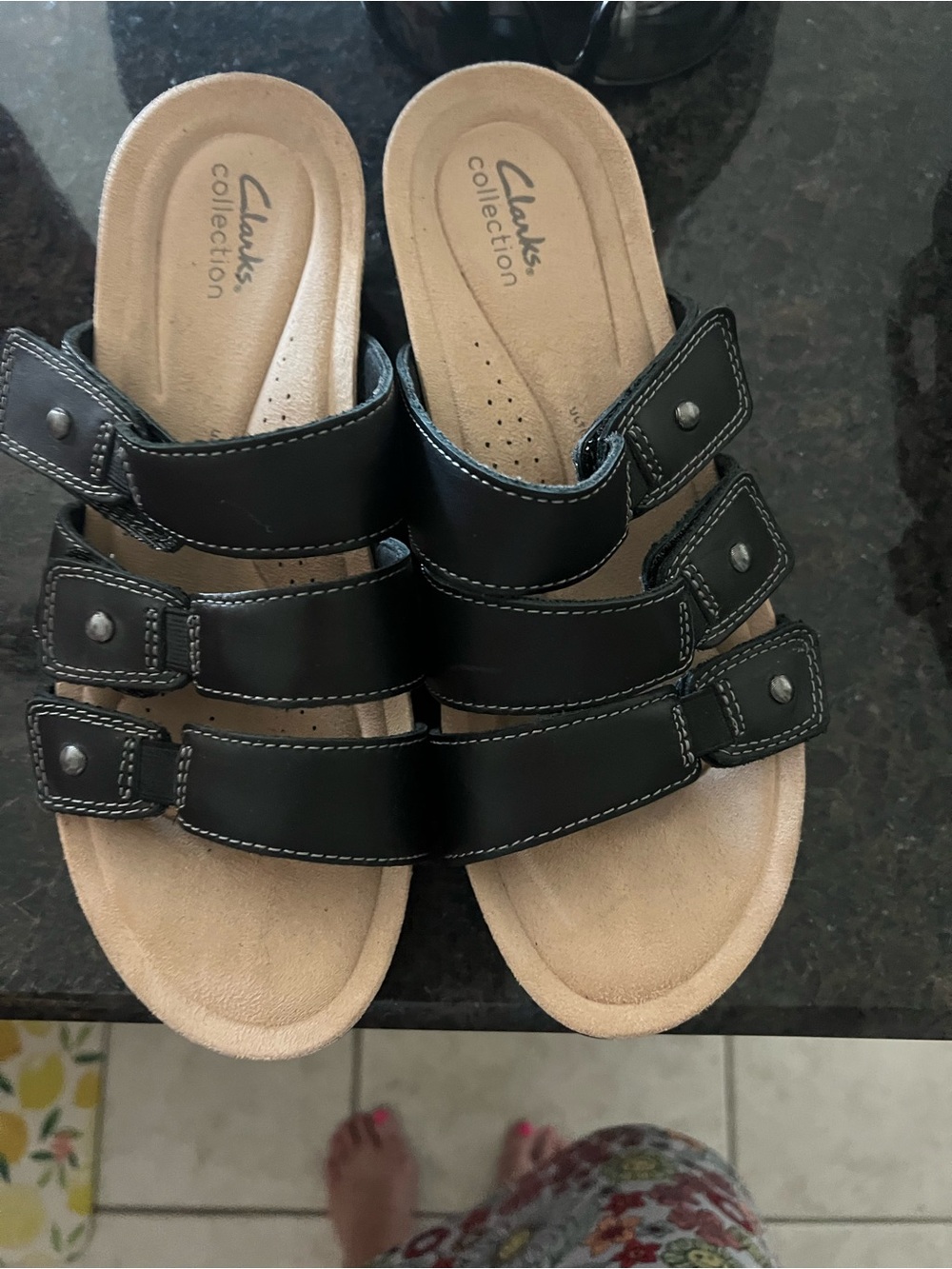 Clarks Black Triple-Strap Slide Sandals